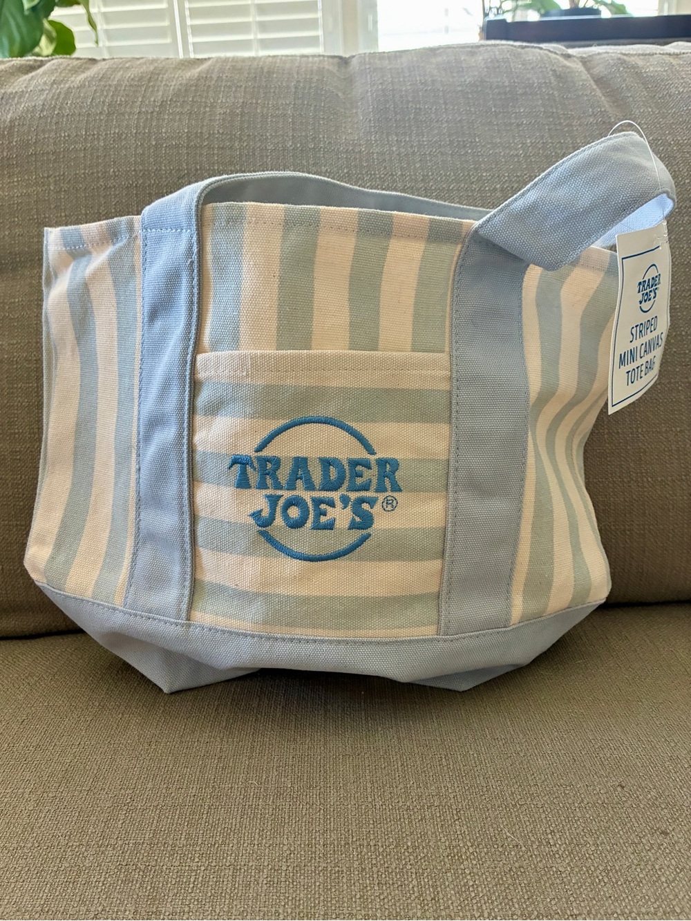 Trader Joe's 2026 Limited Edition Light Blue and Cream Stripe Canvas Tote - Picture 4 of 5